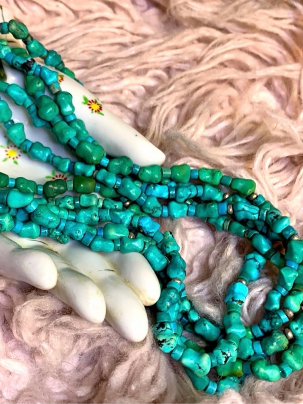 Necklace PEYOTE BIRD Artisan Vintage Beautiful Turquoise Silver 5 Strands Boho - Picture 4 of 4